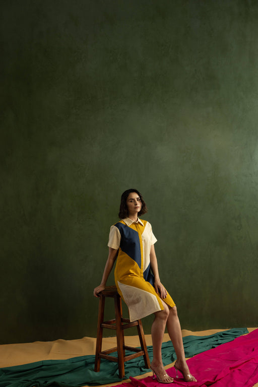 Navy Colour Block Cotton Linen Shirt Collar Dress