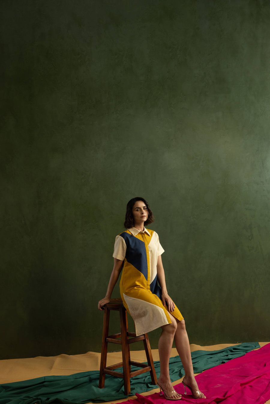 Navy Colour Block Cotton Linen Shirt Collar Dress