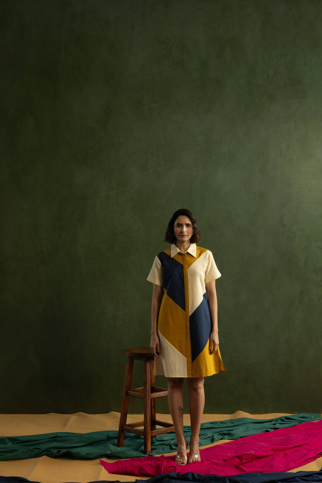 Navy Colour Block Cotton Linen Shirt Collar Dress