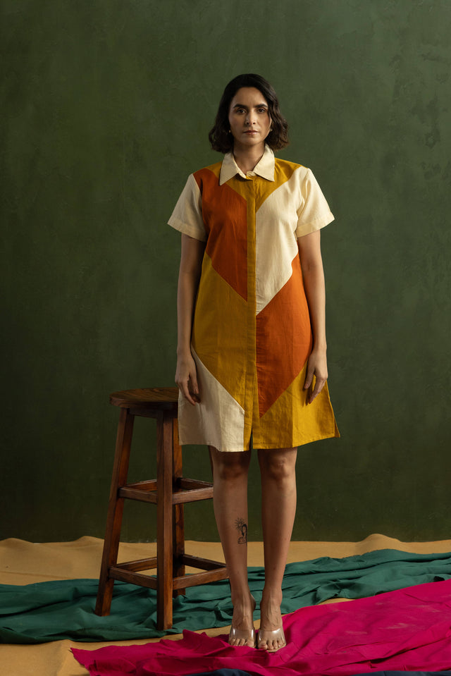 Orange Colour Block Cotton Linen Shirt Collar Dress