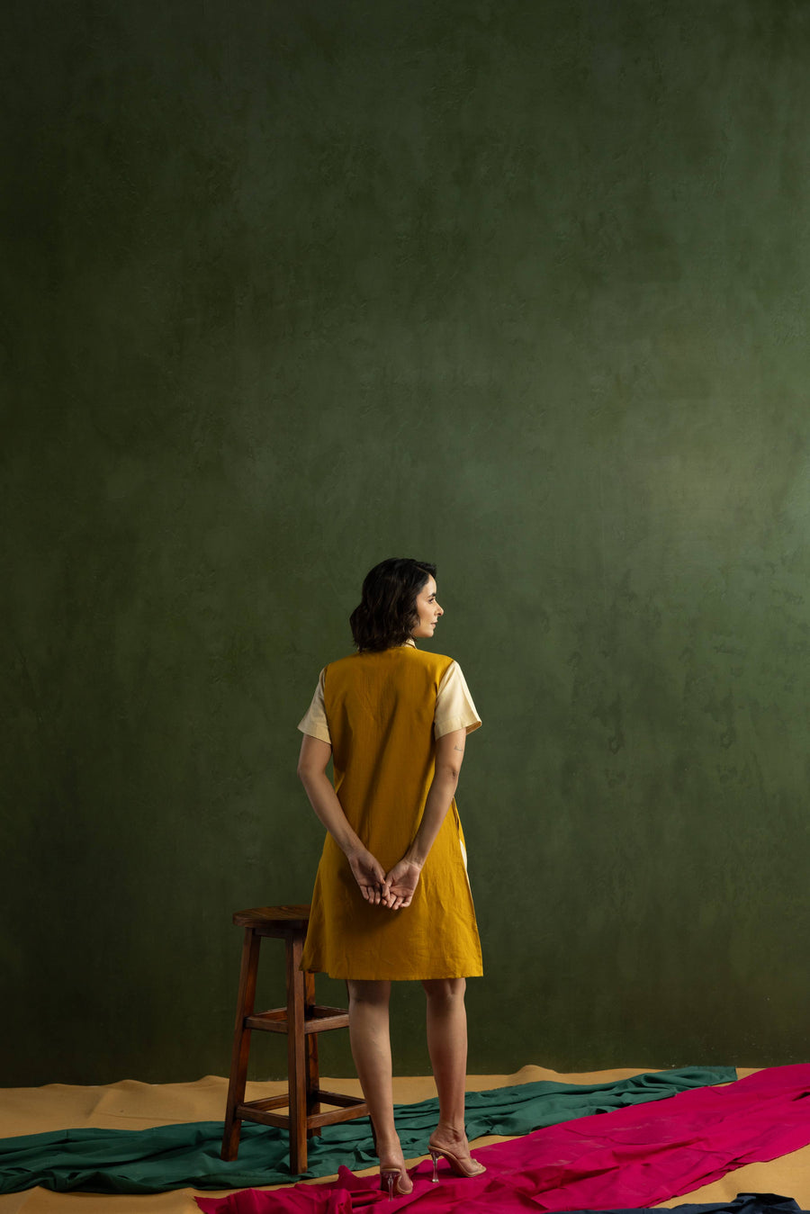 Navy Colour Block Cotton Linen Shirt Collar Dress