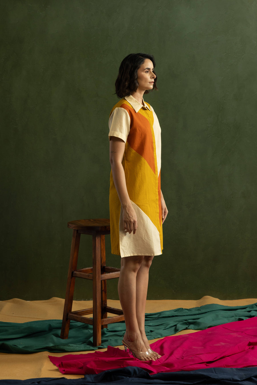 Orange Colour Block Cotton Linen Shirt Collar Dress