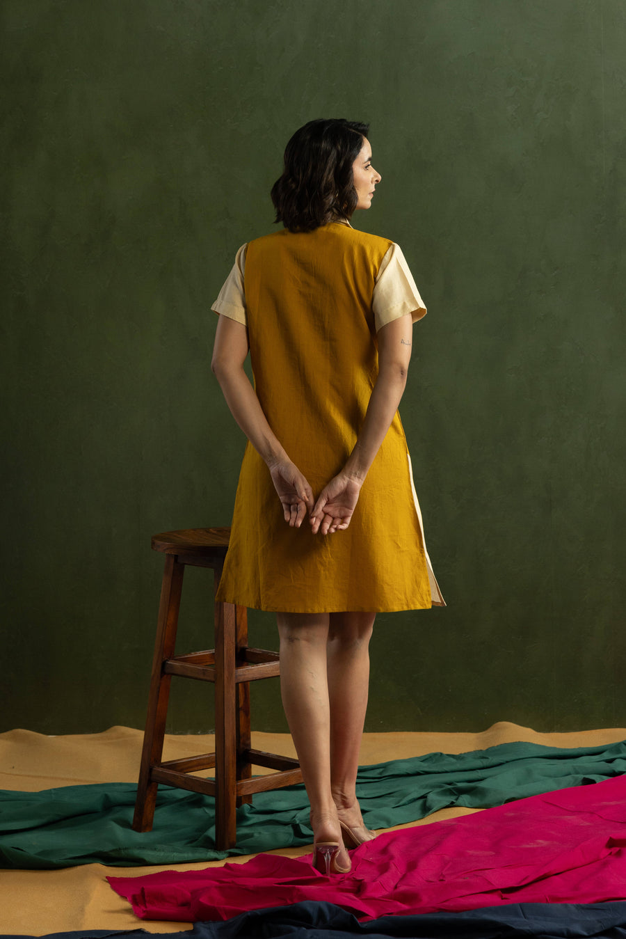 Orange Colour Block Cotton Linen Shirt Collar Dress