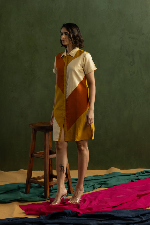 Orange Colour Block Cotton Linen Shirt Collar Dress