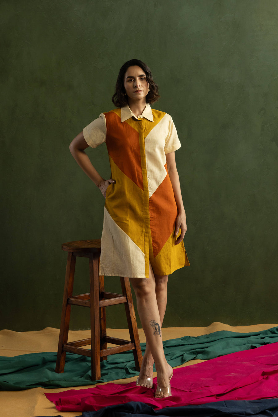 Orange Colour Block Cotton Linen Shirt Collar Dress