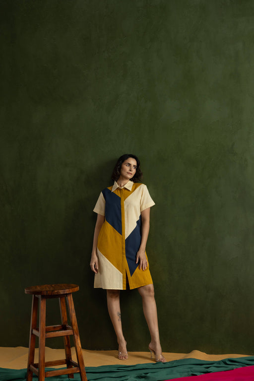 Navy Colour Block Cotton Linen Shirt Collar Dress