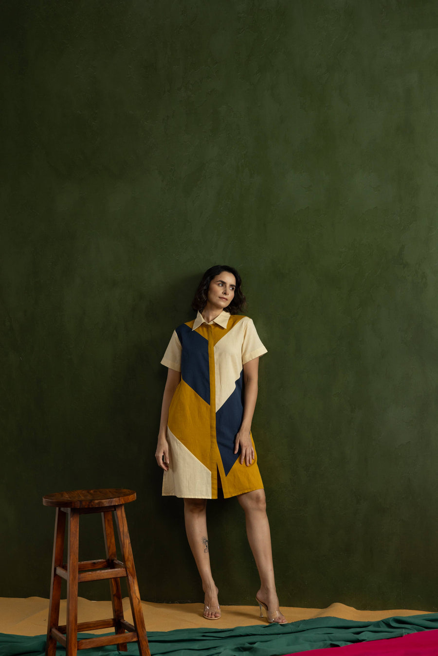 Navy Colour Block Cotton Linen Shirt Collar Dress