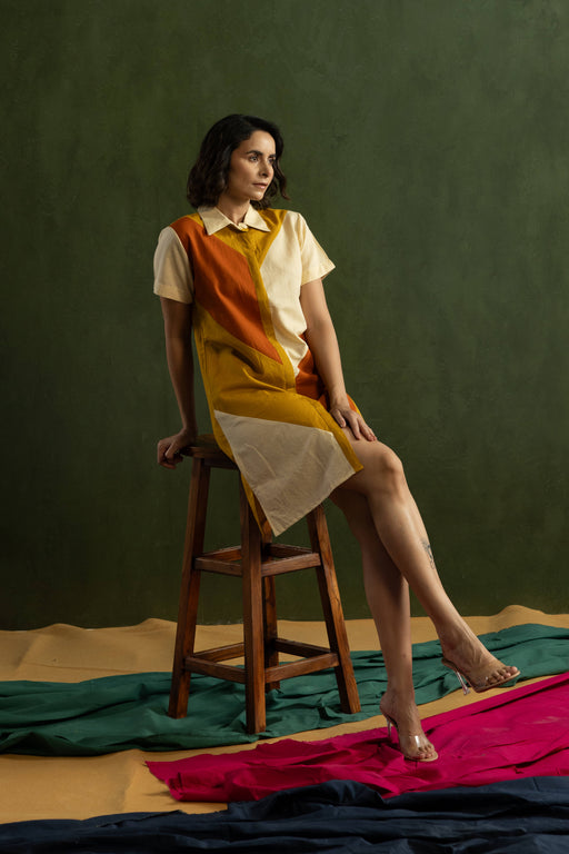 Orange Colour Block Cotton Linen Shirt Collar Dress