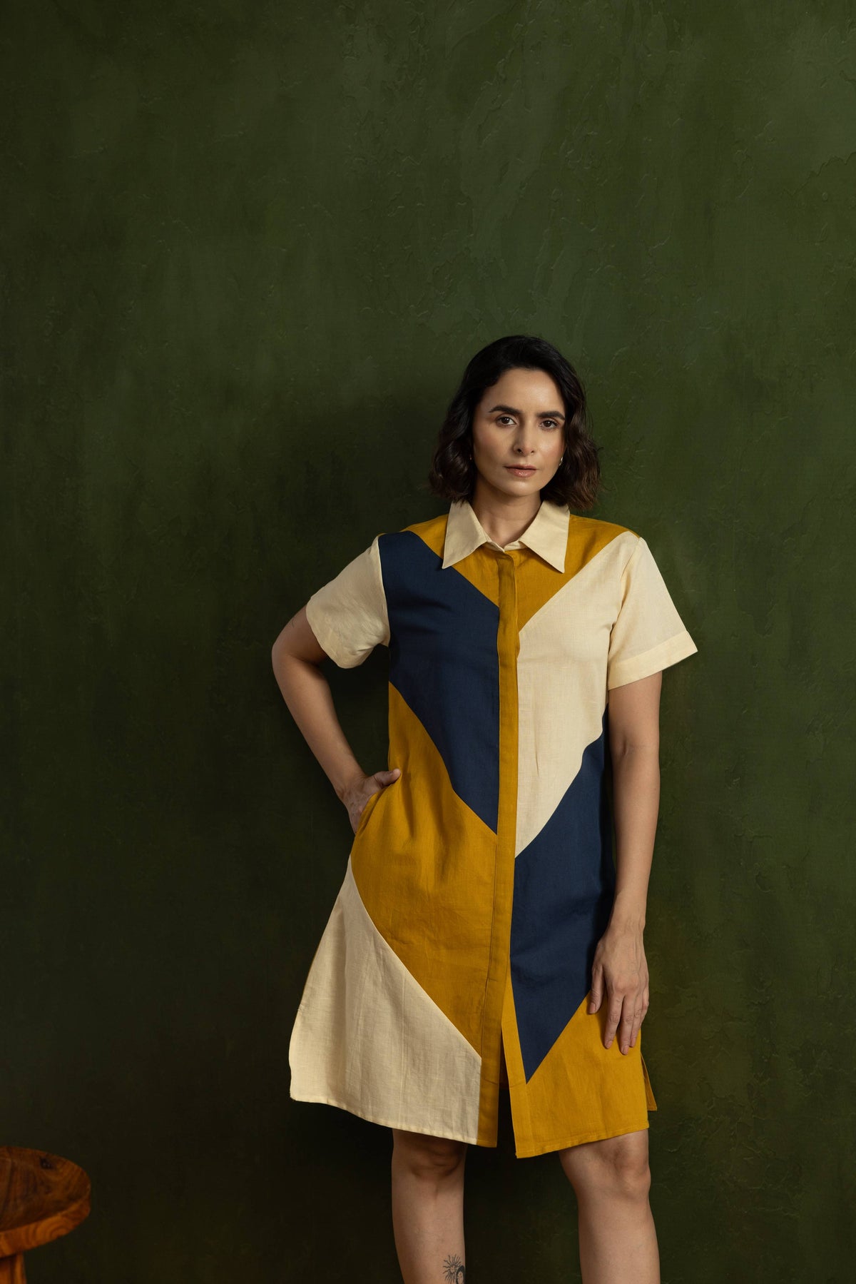 Navy Colour Block Cotton Linen Shirt Collar Dress