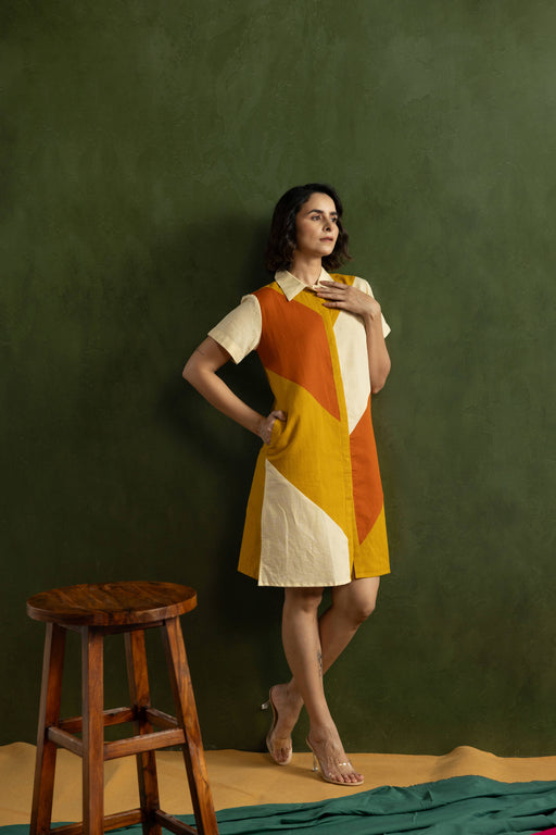 Orange Colour Block Cotton Linen Shirt Collar Dress