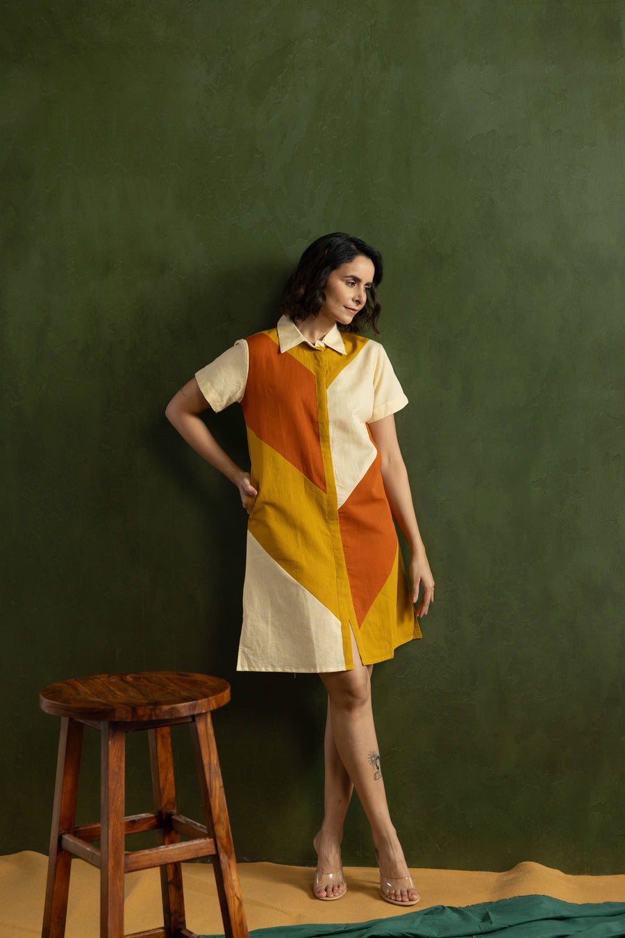 Orange Colour Block Cotton Linen Shirt Collar Dress