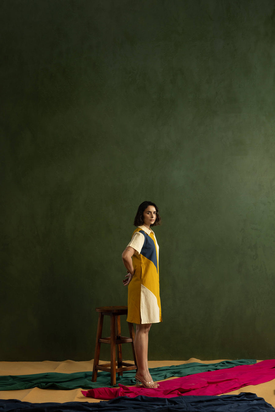 Navy Colour Block Cotton Linen Shirt Collar Dress
