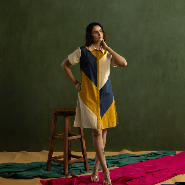 Navy Colour Block Cotton Linen Shirt Collar Dress