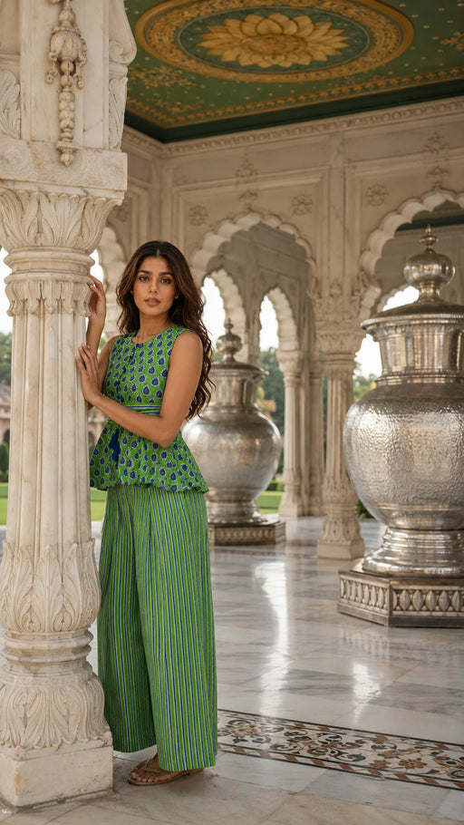 Green block print cotton co-ord set for women - detail shot - EKOHUM