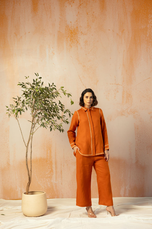 Rust Pure Linen Comfort Fit Co-Ord Set with Printed Trims