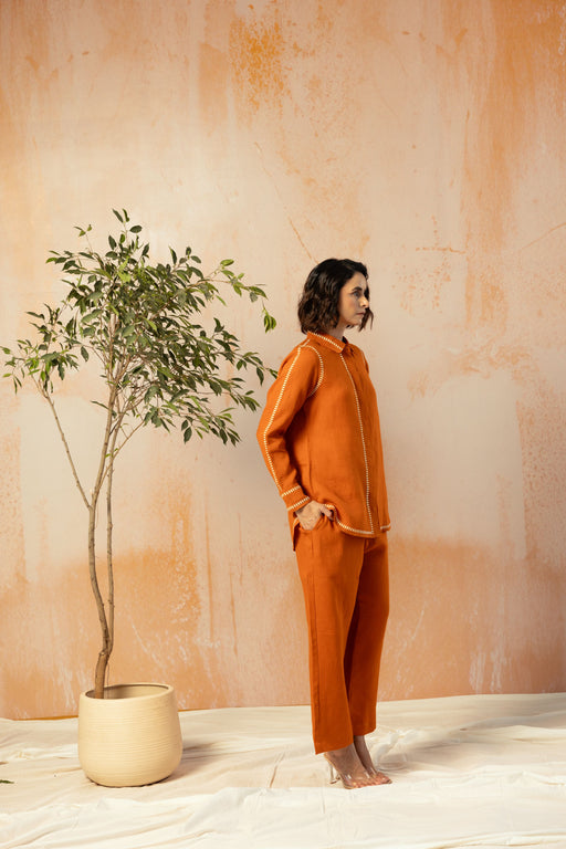 Rust Pure Linen Comfort Fit Co-Ord Set with Printed Trims