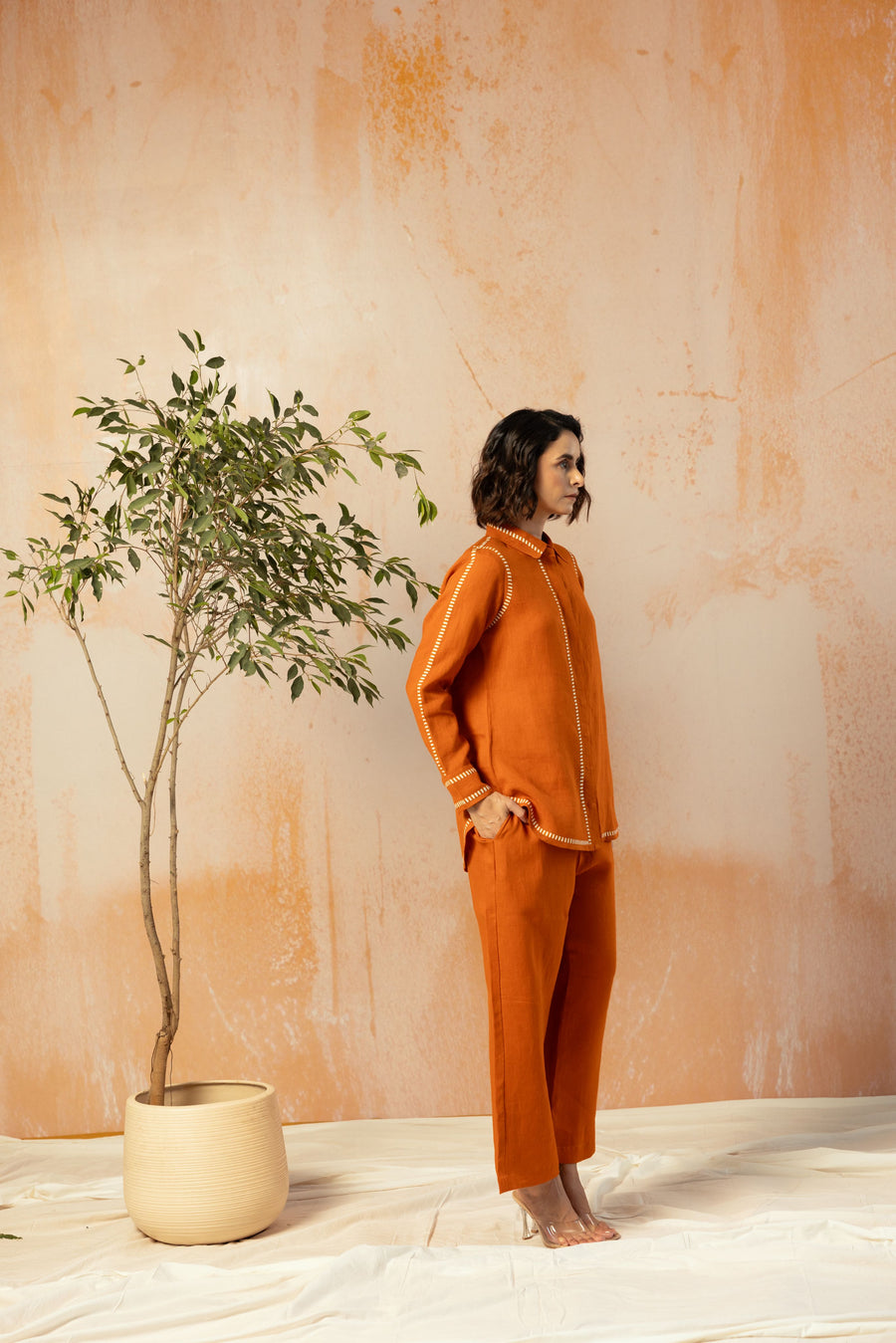Rust Pure Linen Comfort Fit Co-Ord Set with Printed Trims