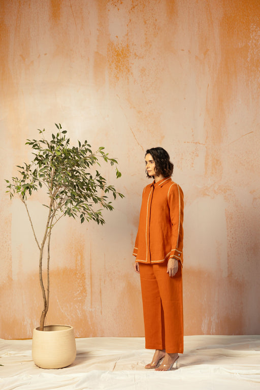 Rust Pure Linen Comfort Fit Co-Ord Set with Printed Trims