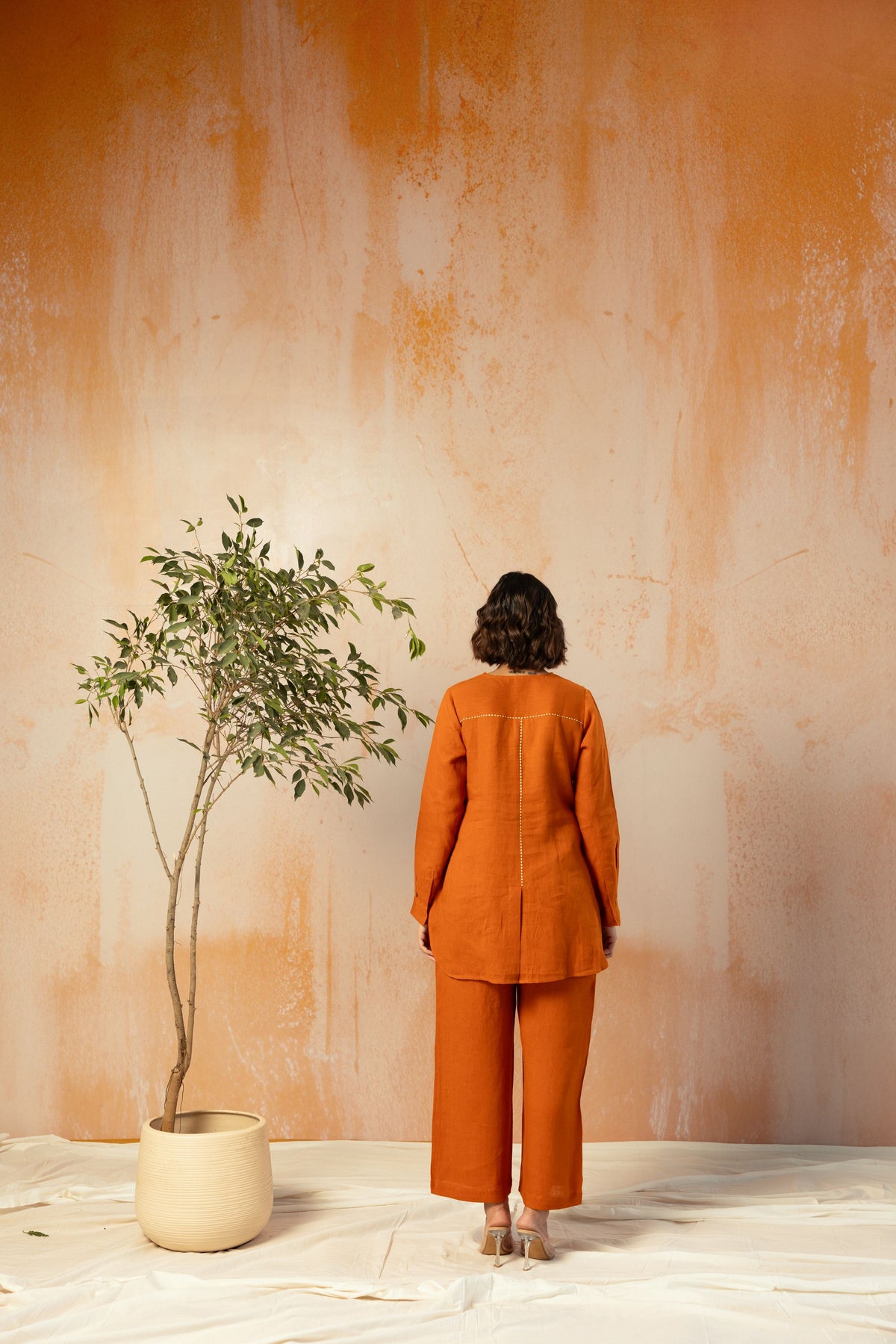 Rust Pure Linen Comfort Fit Co-Ord Set with Printed Trims