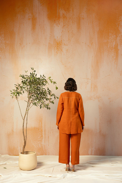 Rust Pure Linen Comfort Fit Co-Ord Set with Printed Trims