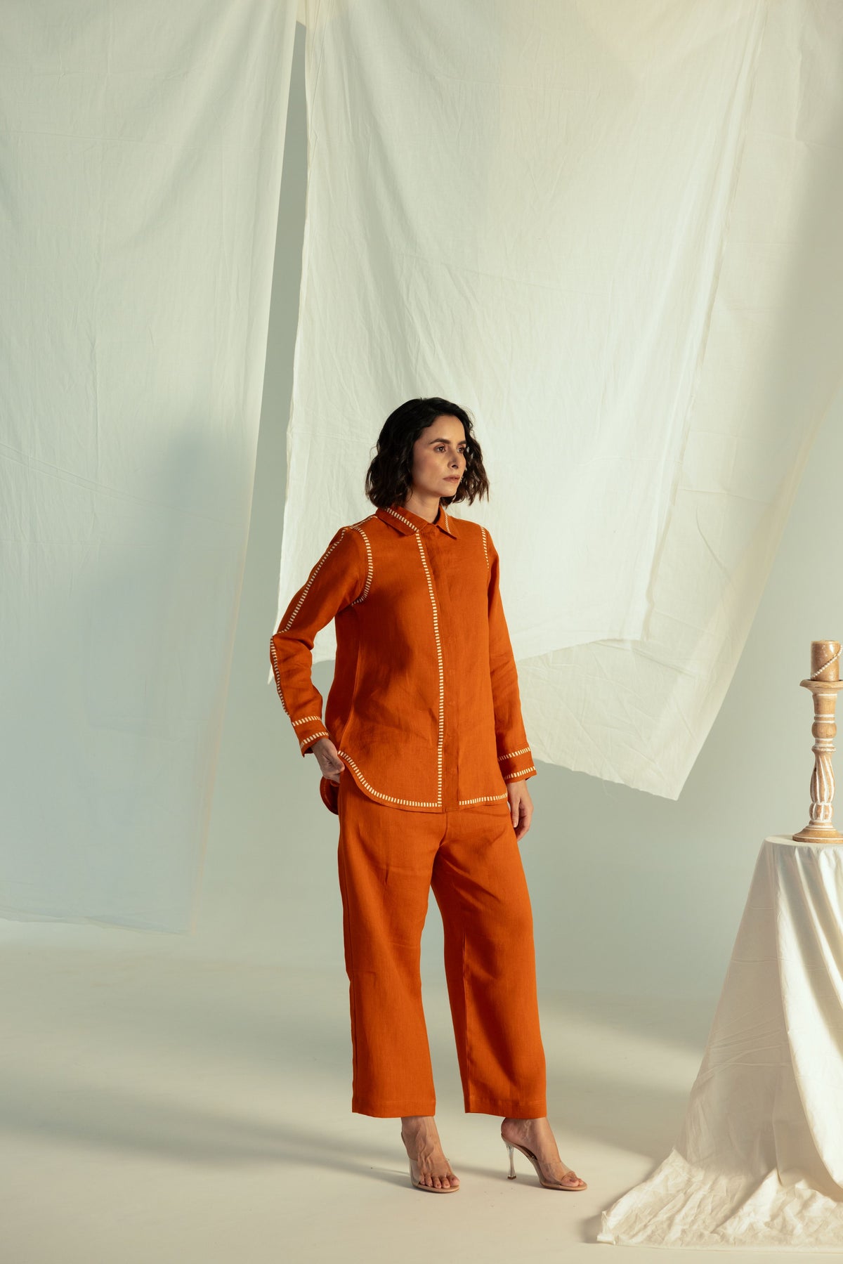 Rust Pure Linen Comfort Fit Co-Ord Set with Printed Trims