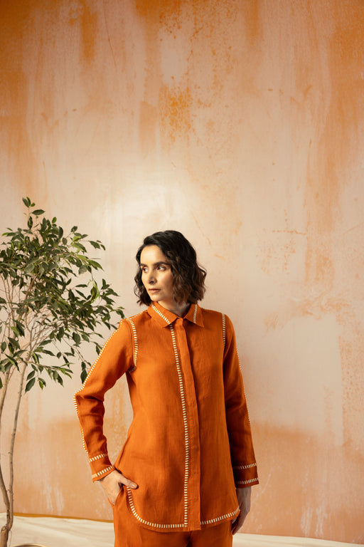 Rust Pure Linen Comfort Fit Co-Ord Set with Printed Trims