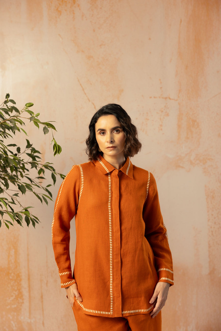 Rust Pure Linen Comfort Fit Co-Ord Set with Printed Trims