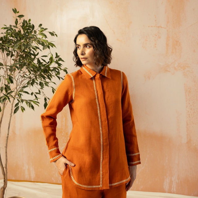 Rust Pure Linen Comfort Fit Co-Ord Set with Printed Trims
