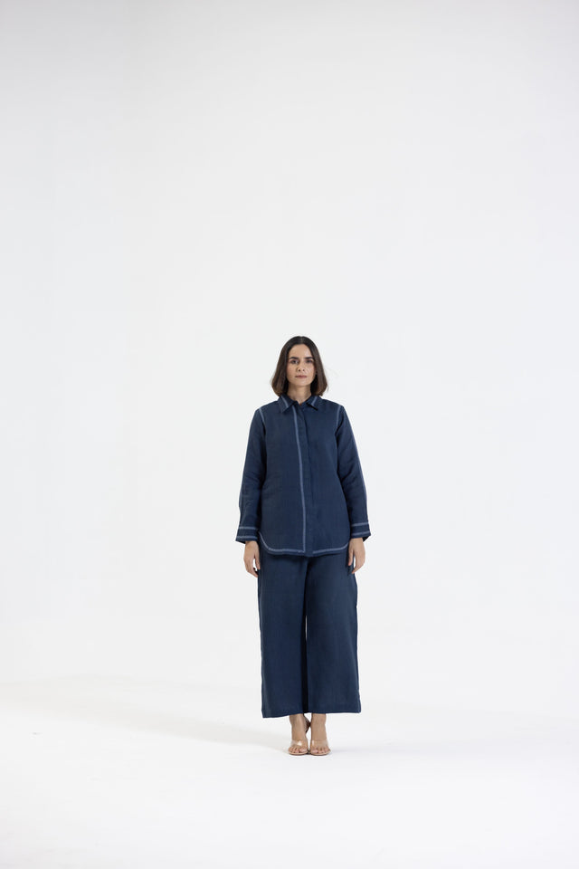 Navy Blue Pure Linen Comfort Fit Co-Ord Set with Printed Trims