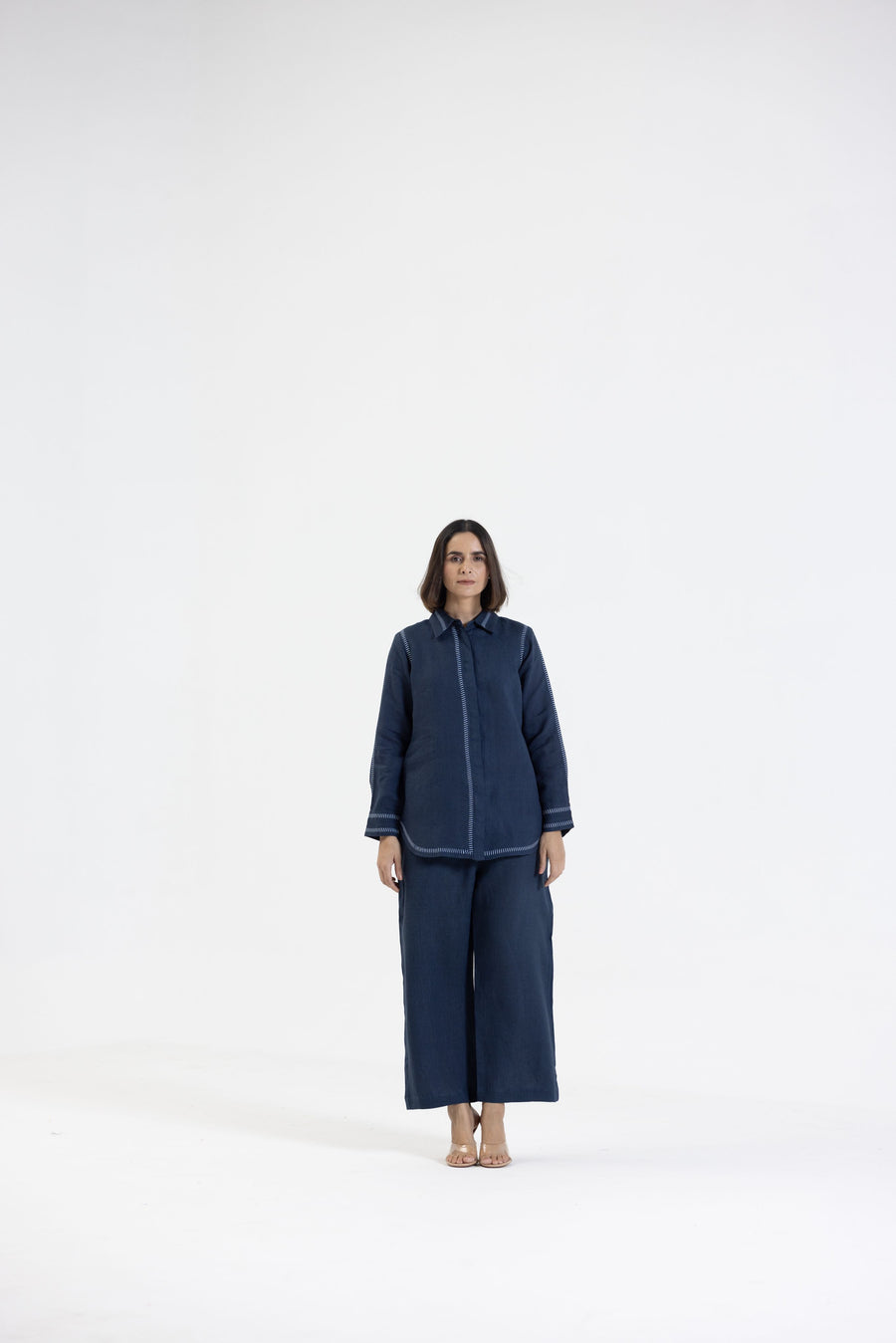 Navy Blue Pure Linen Comfort Fit Co-Ord Set with Printed Trims