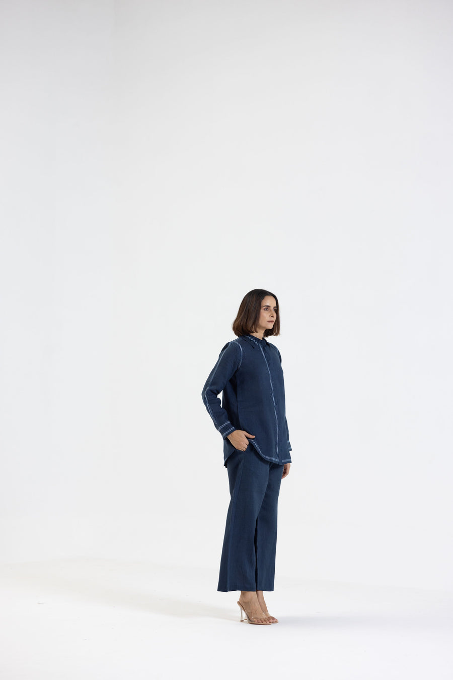 Navy Blue Pure Linen Comfort Fit Co-Ord Set with Printed Trims
