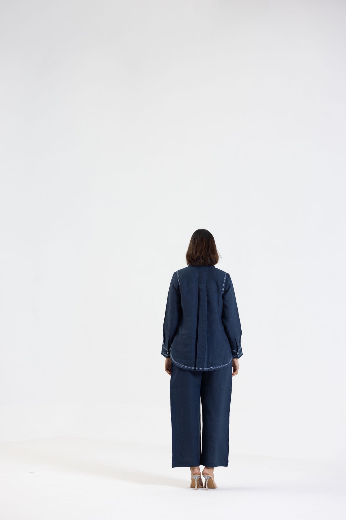 Navy Blue Pure Linen Comfort Fit Co-Ord Set with Printed Trims