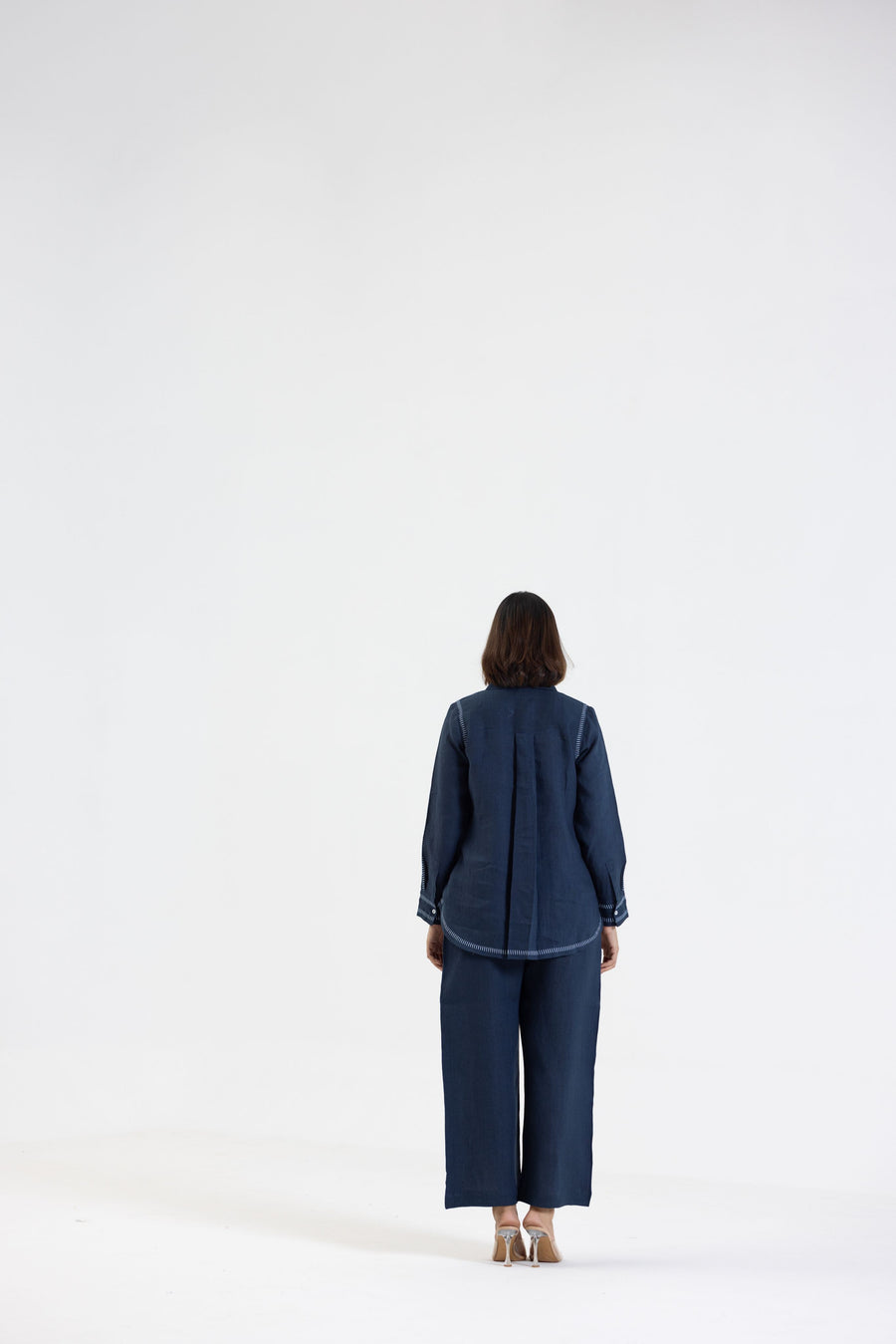Navy Blue Pure Linen Comfort Fit Co-Ord Set with Printed Trims