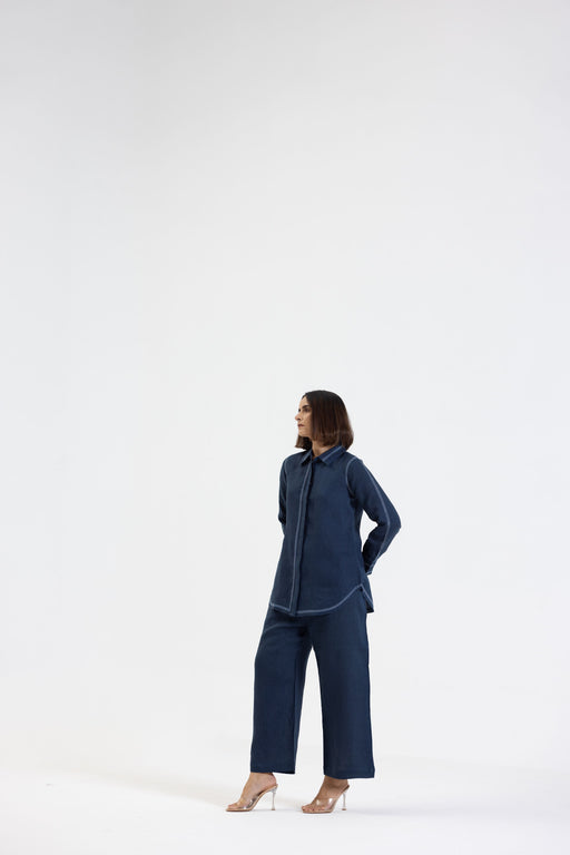 Navy Blue Pure Linen Comfort Fit Co-Ord Set with Printed Trims