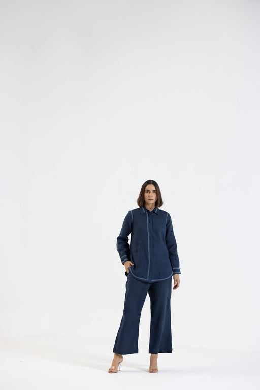 Navy Blue Pure Linen Comfort Fit Co-Ord Set with Printed Trims