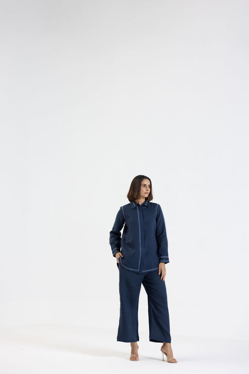 Navy Blue Pure Linen Comfort Fit Co-Ord Set with Printed Trims