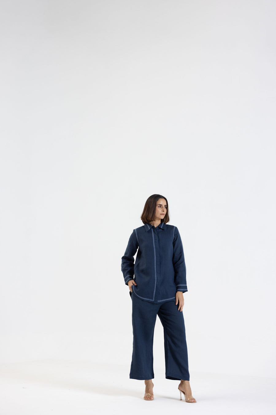 Navy Blue Pure Linen Comfort Fit Co-Ord Set with Printed Trims
