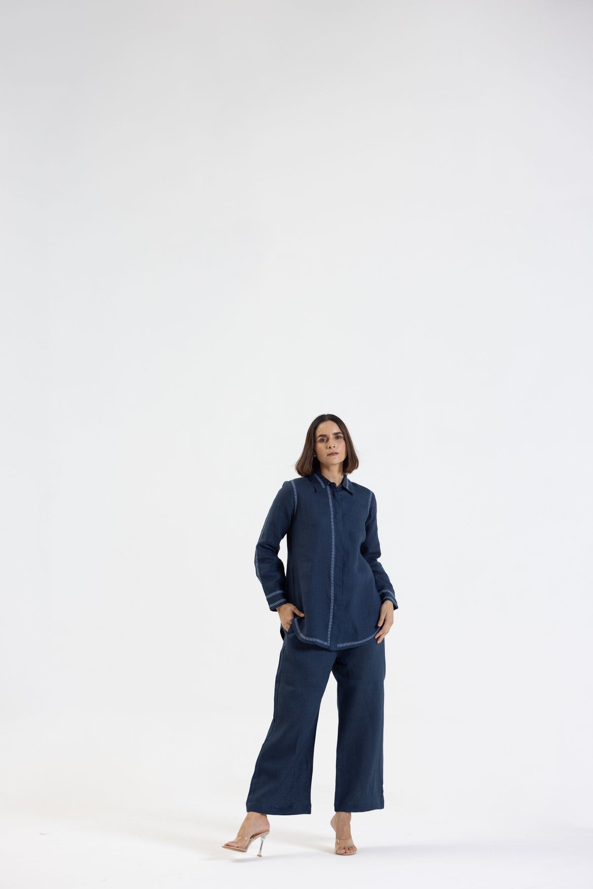 Navy Blue Pure Linen Comfort Fit Co-Ord Set with Printed Trims