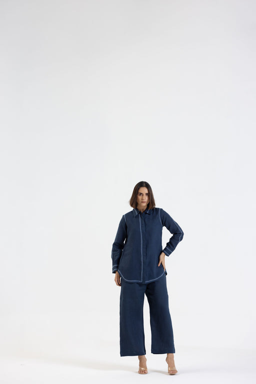 Navy Blue Pure Linen Comfort Fit Co-Ord Set with Printed Trims