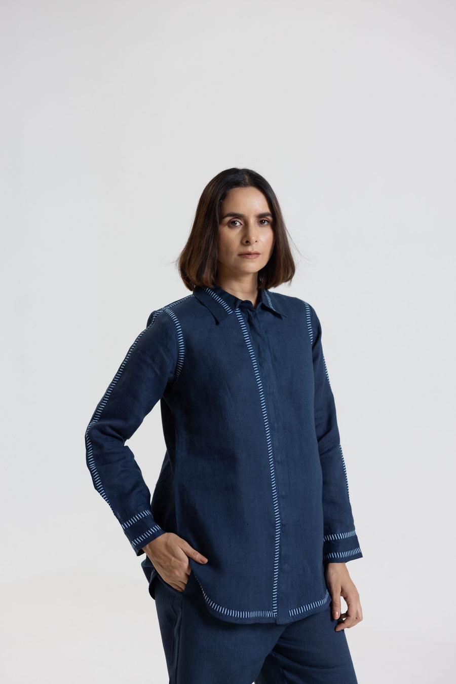Navy Blue Pure Linen Comfort Fit Co-Ord Set with Printed Trims