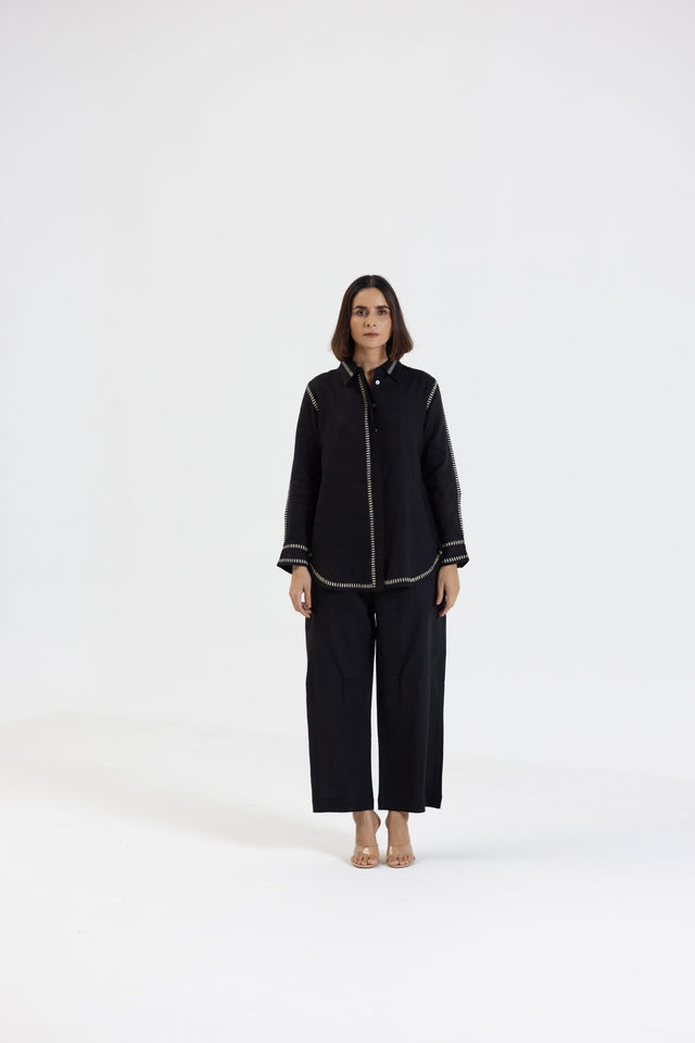 Black Pure Linen Comfort Fit Co-Ord Set with Printed Trims