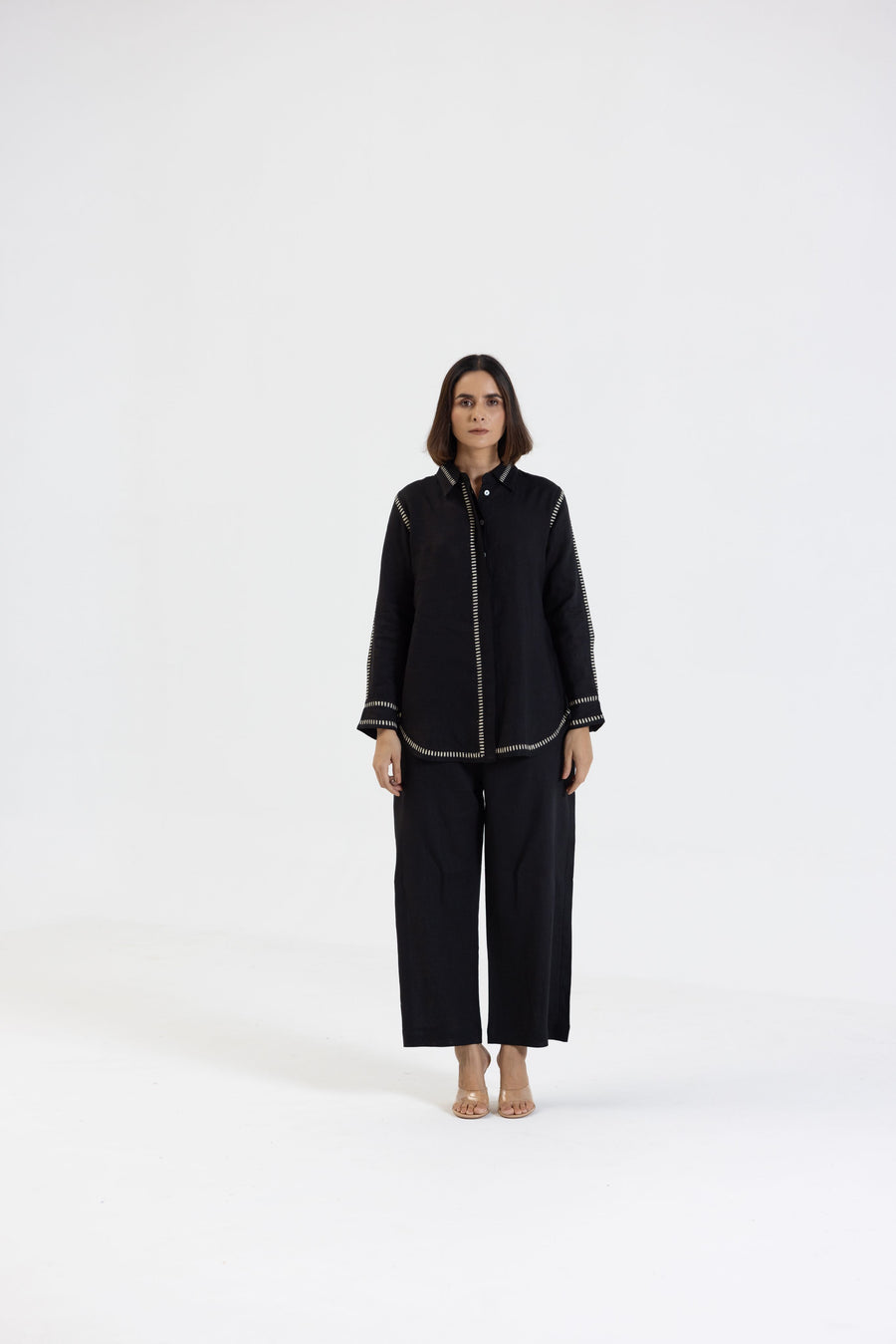 Black Pure Linen Comfort Fit Co-Ord Set with Printed Trims