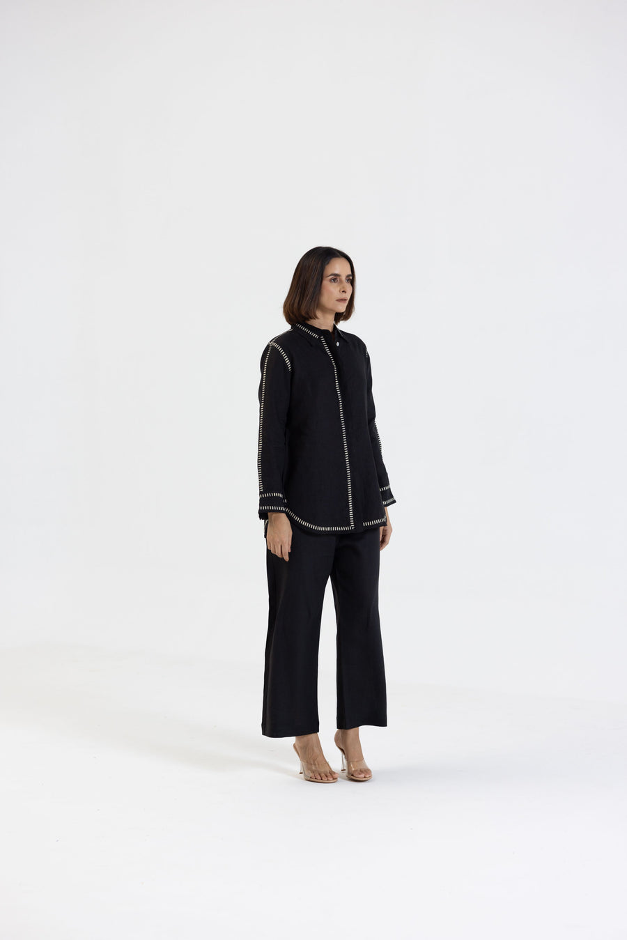Black Pure Linen Comfort Fit Co-Ord Set with Printed Trims