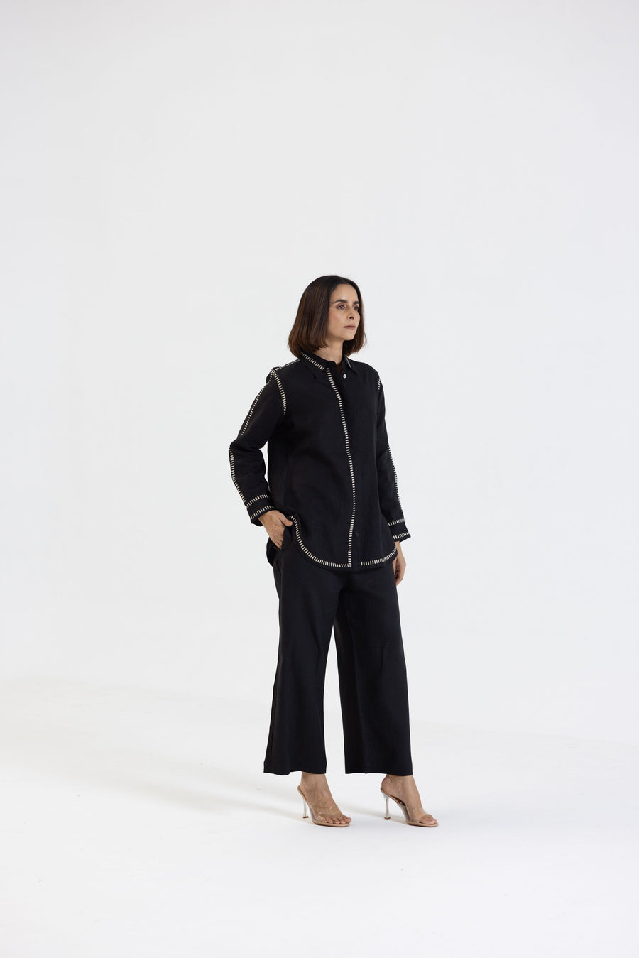 Black Pure Linen Comfort Fit Co-Ord Set with Printed Trims
