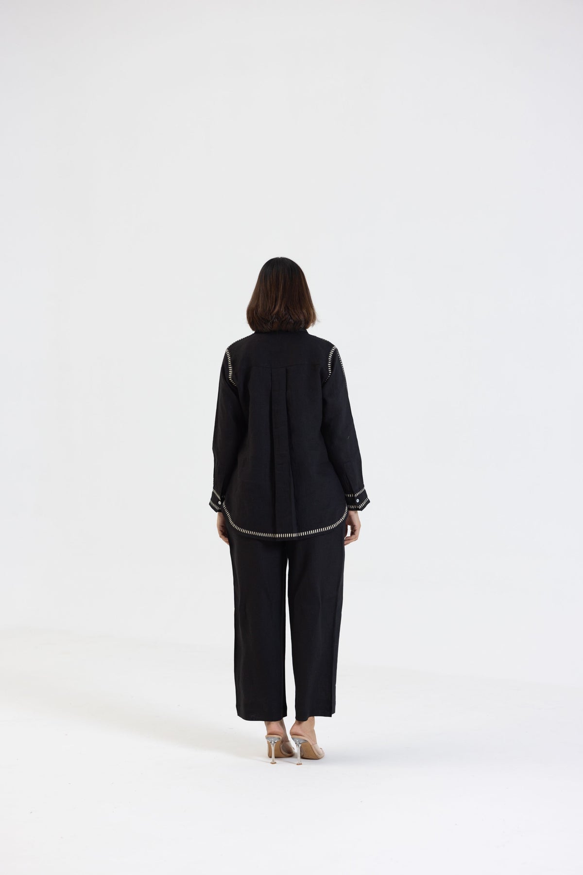 Black Pure Linen Comfort Fit Co-Ord Set with Printed Trims