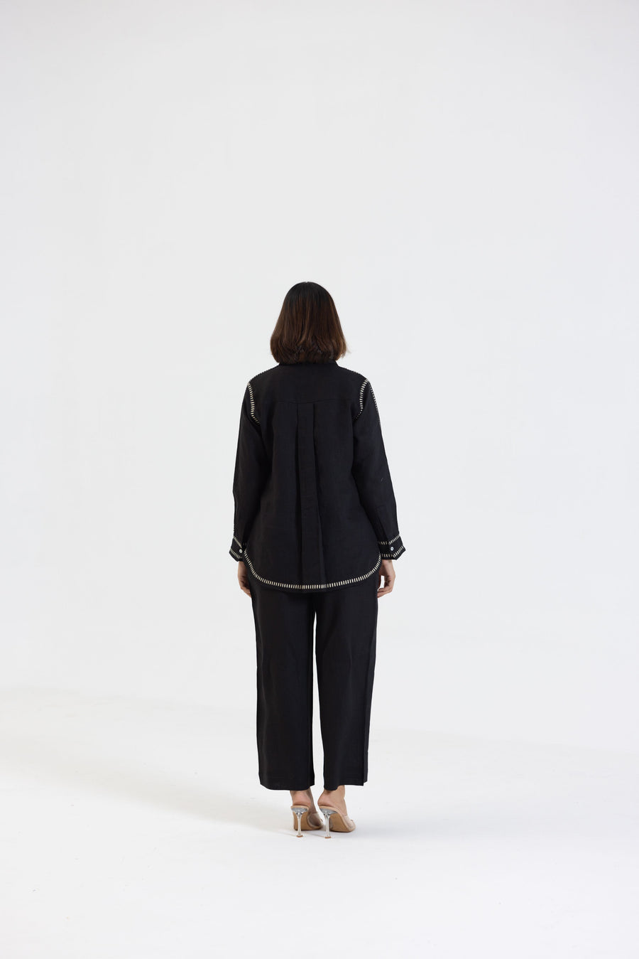 Black Pure Linen Comfort Fit Co-Ord Set with Printed Trims