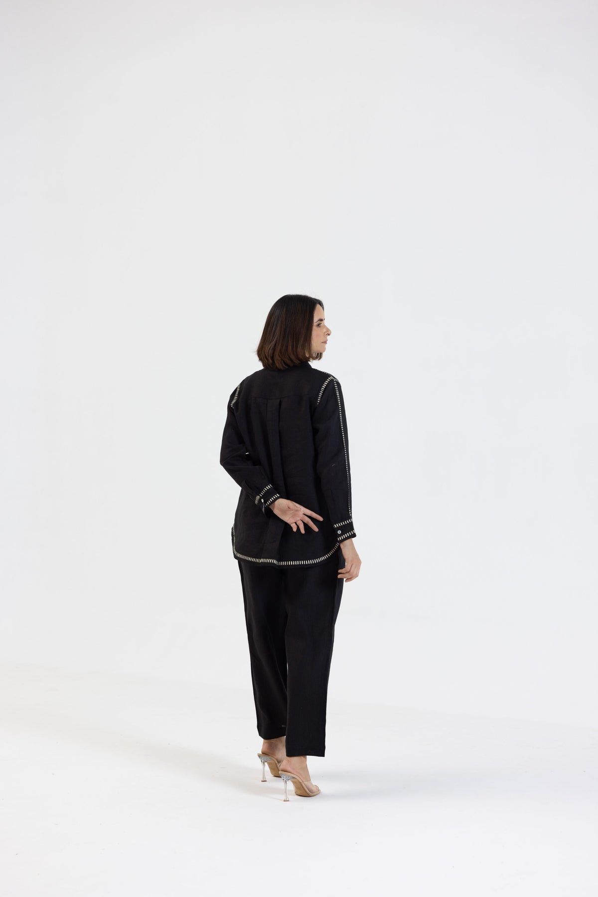 Black Pure Linen Comfort Fit Co-Ord Set with Printed Trims