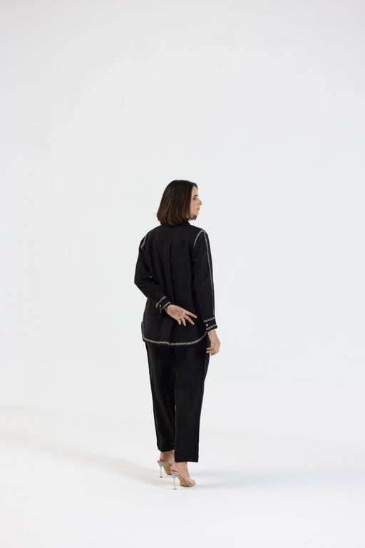 Black Pure Linen Comfort Fit Co-Ord Set with Printed Trims