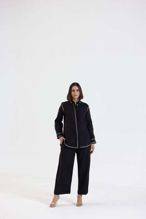 Black Pure Linen Comfort Fit Co-Ord Set with Printed Trims