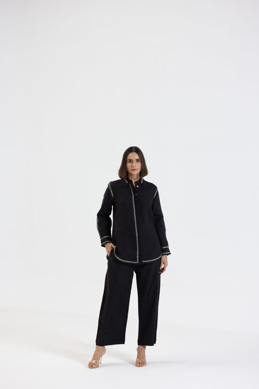 Black Pure Linen Comfort Fit Co-Ord Set with Printed Trims